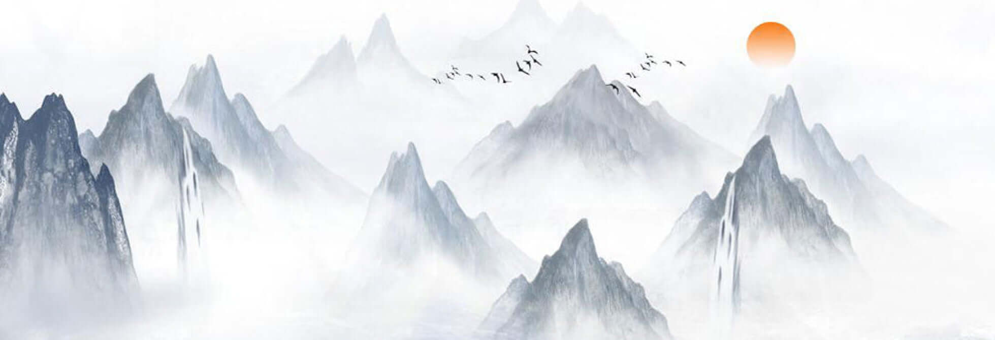 Japanese Zen Mountain Mural: Ethereal Mist, Waterfall & Sunrise Wallpaper