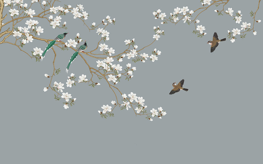 New Chinese Flower and Bird Wallpaper Mural | Magnolia Flower and Bird