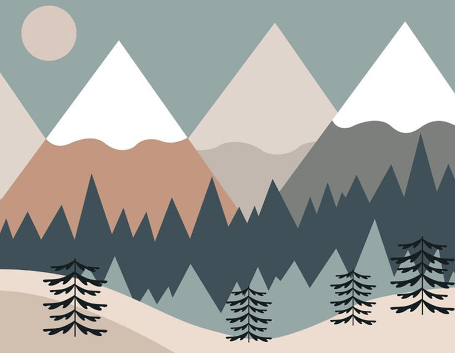 Nordic Minimalist Baby Room Wallpaper: Snow-Capped Peaks & Pine Forest in Soft Tones