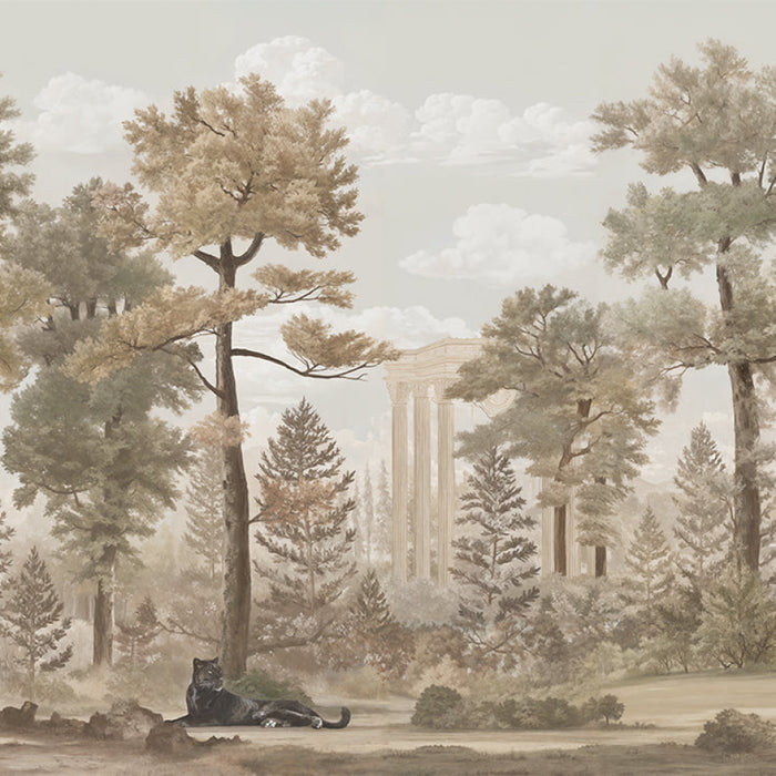 Vintage Forest Wallpaper Mural: Retro Forest & Classical Architecture, Timeless Elegance for Your Space