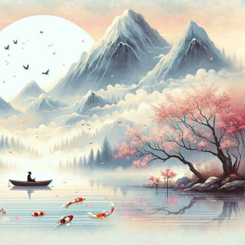 Zen Japanese Wallpaper Murals: Tranquil Lakes & Mountains — serene Japanese landscape with mountains, lake, cherry blossoms, koi, and mist