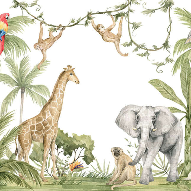Jungle Safari Wallpaper Mural: Playful Giraffes, Elephants & Tropical Birds - Vibrant Kids Room Deco