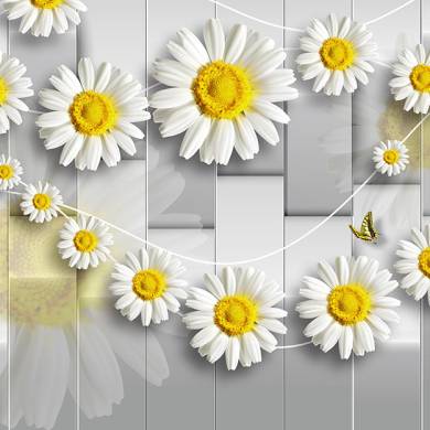 "3D Daisy Wall Mural Wallpaper – Fresh & Modern Floral Design with Golden Butterflies"