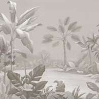 Grey rainforest wallpaper featuring tranquil branches and leaves wrapped in mist for elegant decor.