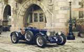 Vintage sports car wallpaper featuring a classic blue automobile in an elegant European street setting.