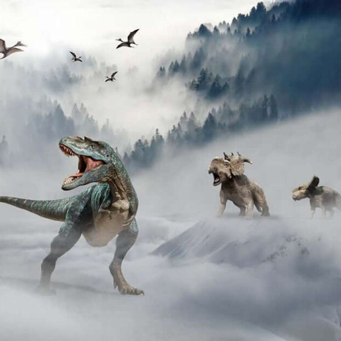 Prehistoric Adventure Wallpaper - Misty Forest & Dinosaurs