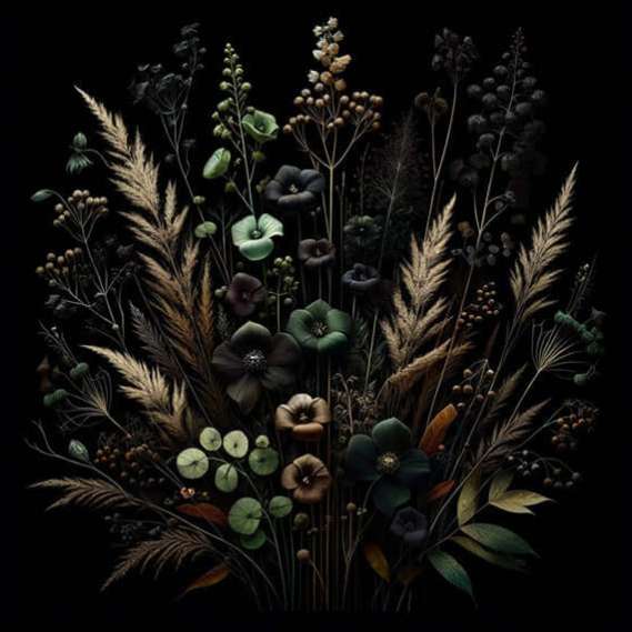 Mystique Noir Botanical Wallpaper Mural | Dark Floral Garden on Black Canvas