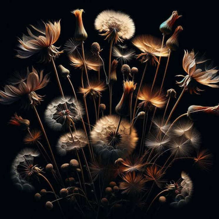Dandelion wallpaper for living room featuring gilded dandelion design on a black background, ideal for decor.