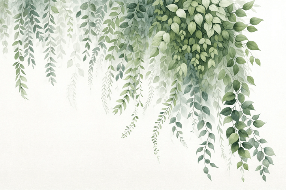 Watercolor vine wallpaper mural featuring lush green leaves and trailing vines in soft watercolor hues.