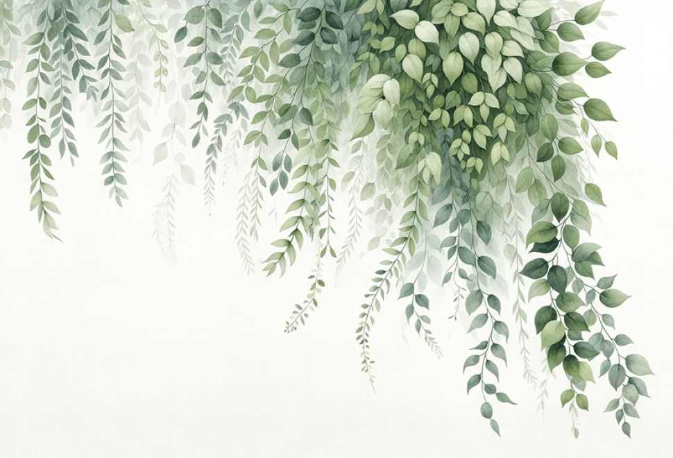 Watercolor vine wallpaper mural featuring lush green leaves and trailing vines for a botanical bedroom decor.