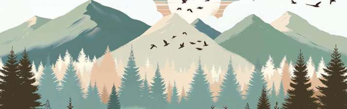Nordic forest mural wallpaper featuring misty mountains, pine trees, birds in flight, and a serene, vintage landscape.