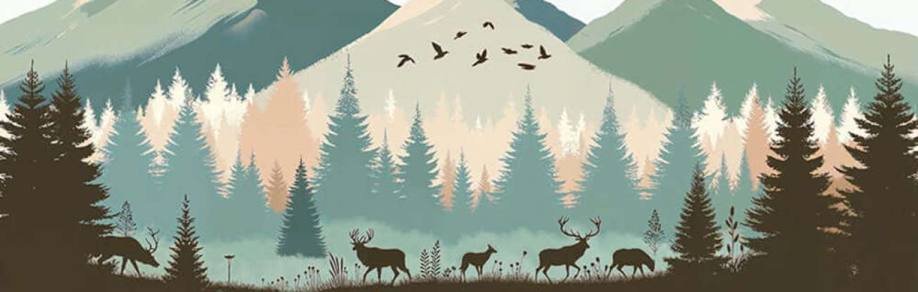 Nordic forest mural wallpaper featuring elk, pine trees, mountains, and birds in serene vintage design.