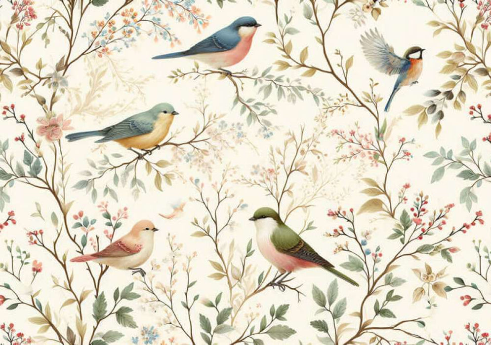 Vintage Birds & Floral Wallpaper - Charming Botanical Mural Decor
