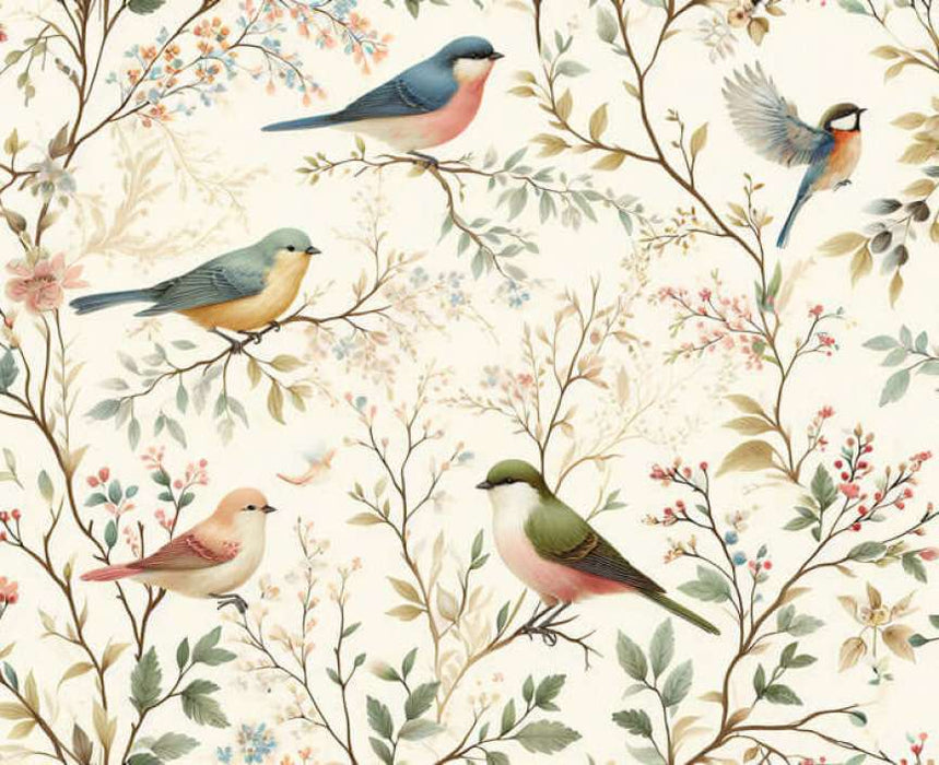 Vintage Birds & Floral Wallpaper - Charming Botanical Mural Decor