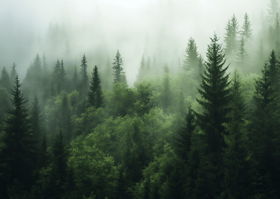 Nordic Mist Forest Wallpaper Mural | Layered Pine Silhouettes in Fog - Tranquil Green Gradients Wall Décor
