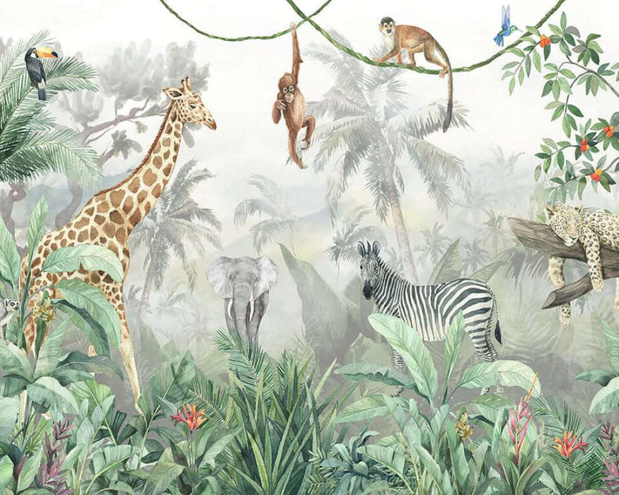 Vibrant Jungle Wildlife Wallpaper | Giraffes, Elephants, Tigers & Tropical Botanics