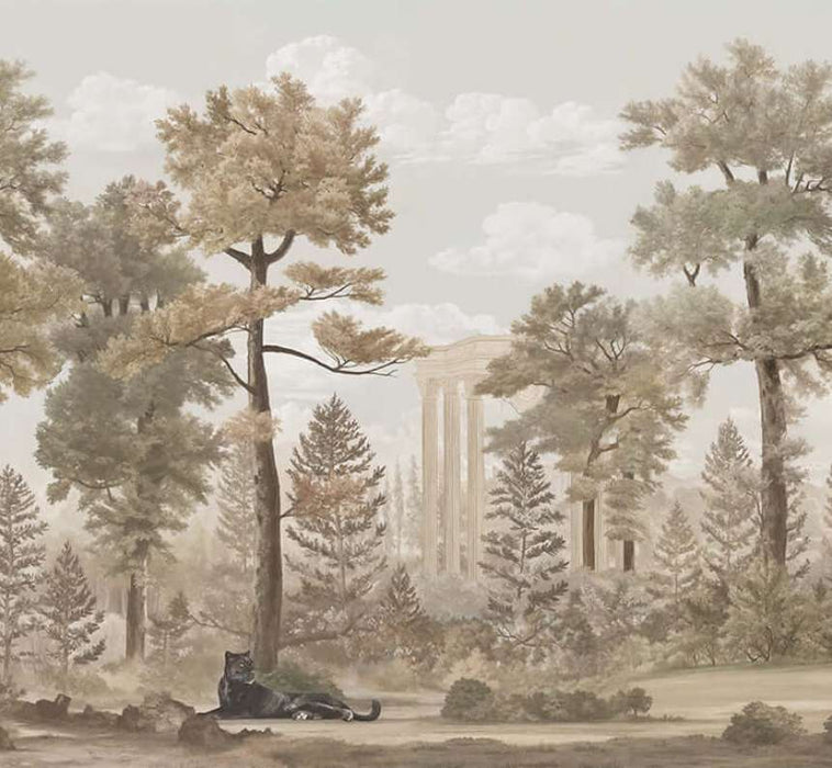 Vintage Forest Wallpaper Mural: Retro Forest & Classical Architecture, Timeless Elegance for Your Space