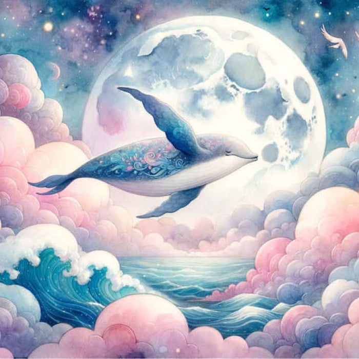 Enchanting Whale Wallpaper Mural: Full Moon, Pink Clouds & Celestial Magic