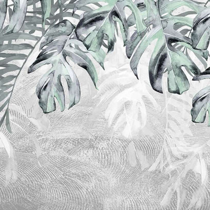 Botanical Watercolor Wallpaper Mural | Palm & Monstera Leaves | Soft Gray Modern Decor