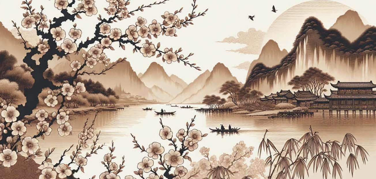 Japanese Serenity Wallpaper Mural: Cherry Blossoms & Misty Lake Landscape