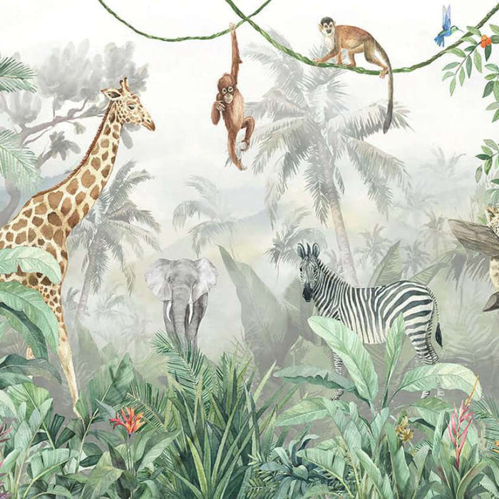 Vibrant Jungle Wildlife Wallpaper | Giraffes, Elephants, Tigers & Tropical Botanics