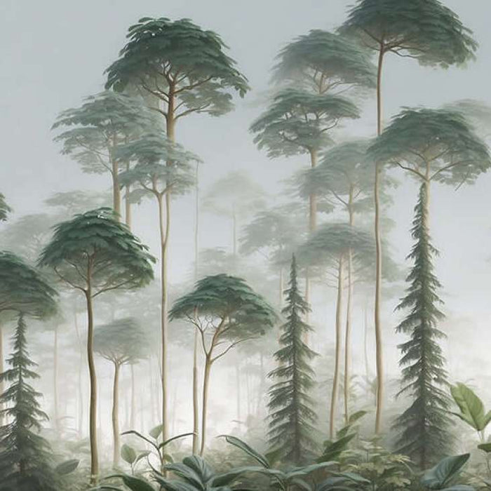 Misty Canopy Forest Wallpaper Mural | Layered Greens with Umbrella & Spire Trees – Fresh Botanical Wall Décor