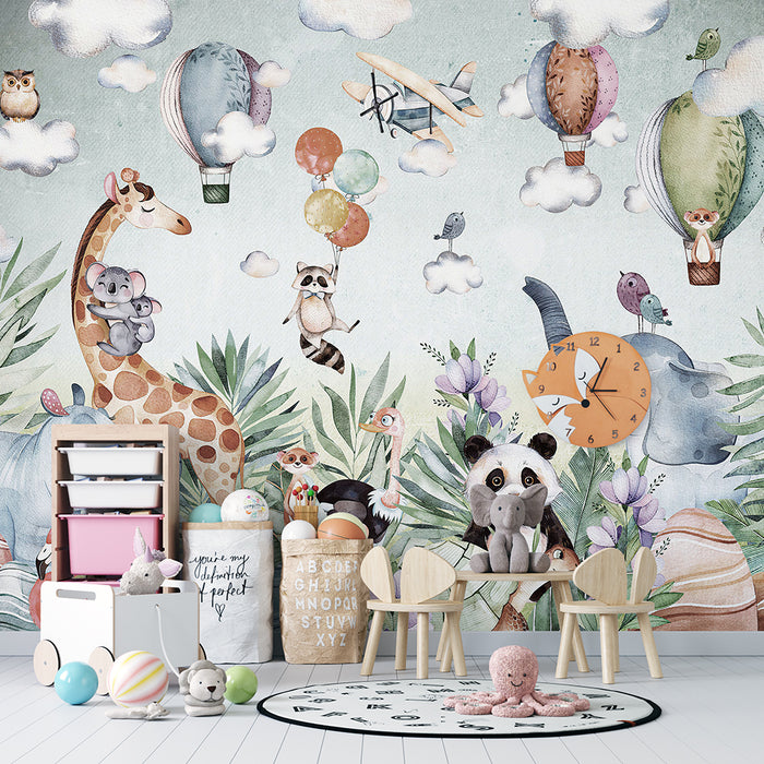 Jungle Pet Hot Air Balloon Wallpaper Mural | Kids Room Adventure Decor | Playful Nursery Wall Design