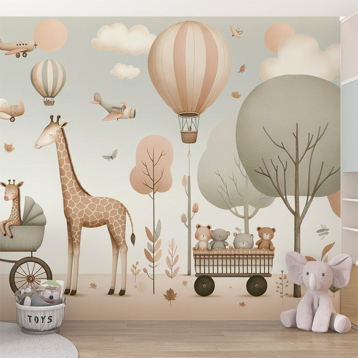 Hot air balloon mural wallpaper | Giraffes, airplanes, and children's forests