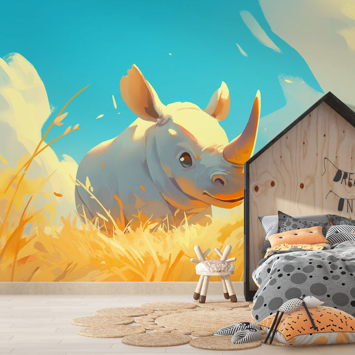 Whimsical Rhino Grassland Wallpaper Mural | Playful & Healing Kids Room Decor