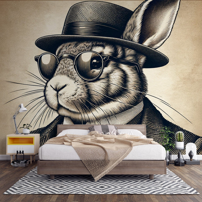 Gentleman Rabbit Art Style Wallpaper | Living Room and Bedroom Decorative Wall