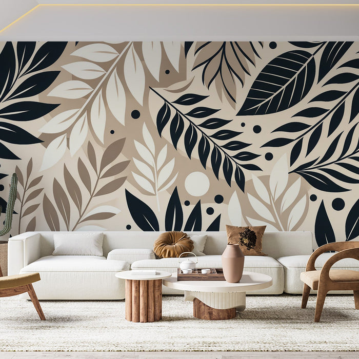 Retro Nature Leaf Mural Wallpaper - Black on Beige