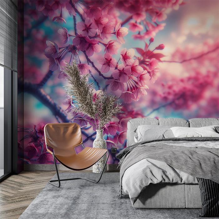 Pink cherry blossom wallpaper mural | Living room and bedroom decorative wall