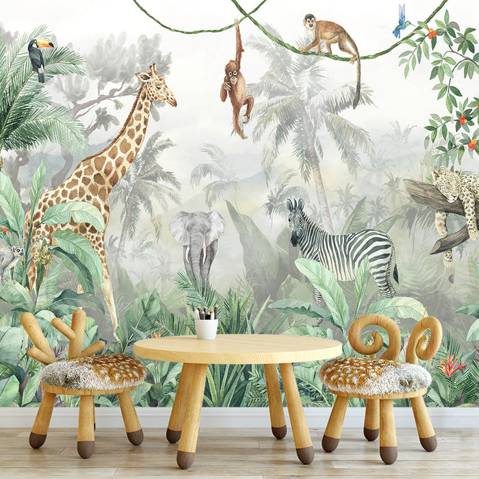 Vibrant Jungle Wildlife Wallpaper | Giraffes, Elephants, Tigers & Tropical Botanics