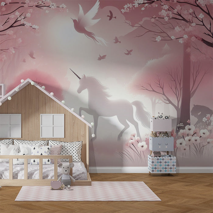 Unicorn Mural Wallpaper - Dreamy Pink Forest with Fairy Tale Silhouette for Kids' Room