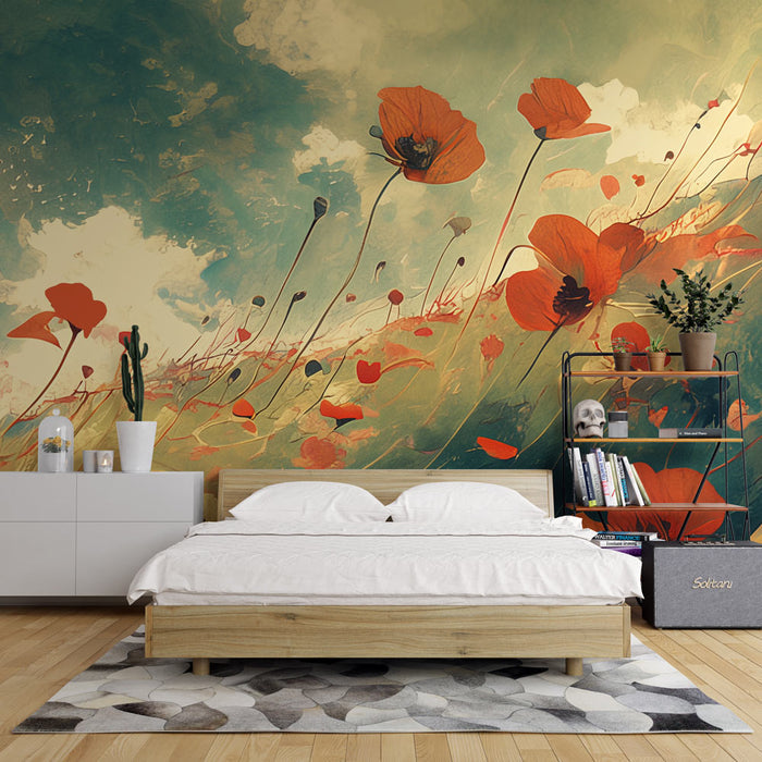 Vintage Poppy Wallpaper Mural – Watercolor Floral & Retro Tone for Living Room & Bedroom