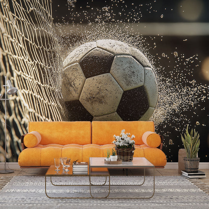 Wallpaper mural of football goal breaking moment | Sports style decorative wall in boys' room