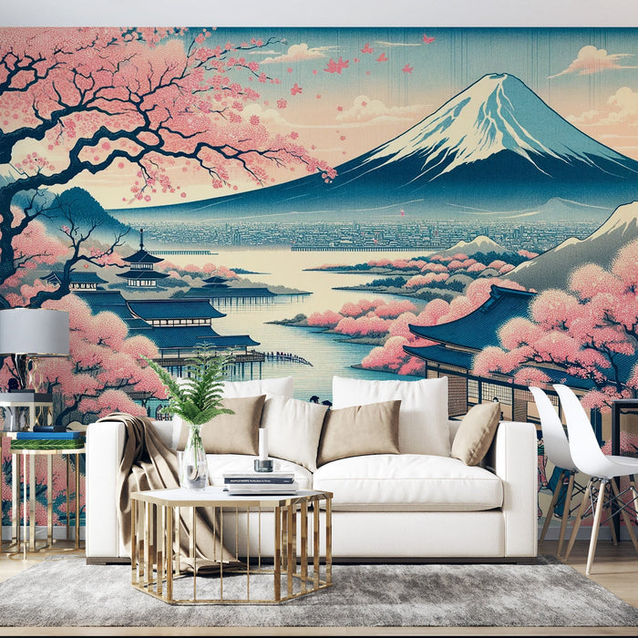 Japanese ukiyo-e Fuji cherry blossom wallpaper | Living room and bedroom decorative wall