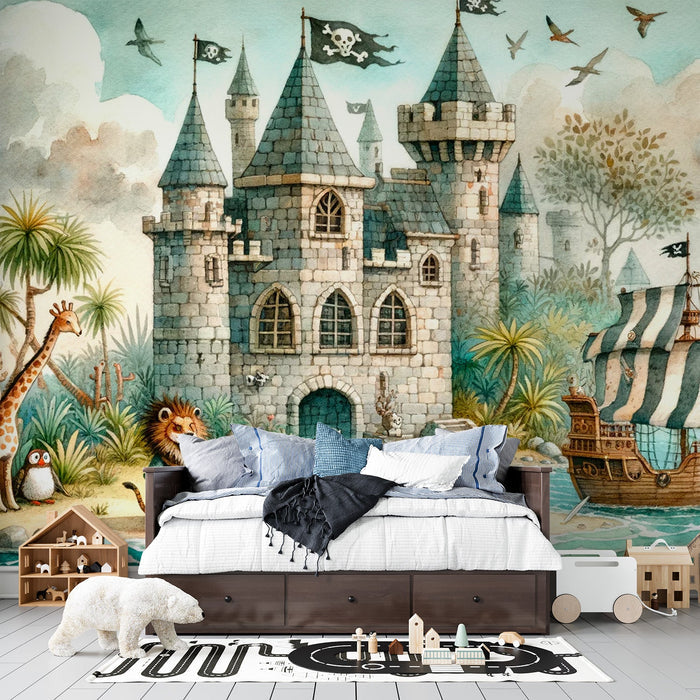 Fairy Tale Pirate Castle Wallpaper Mural | Children's Room Bedroom Adventure Decoration Wall