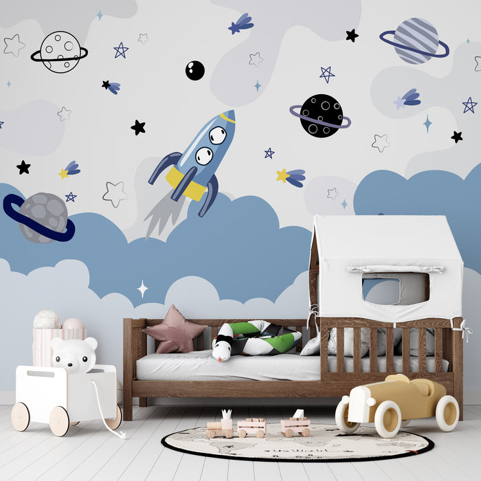 Space Rocket Children's Fun Wallpaper | Children's Room Bedroom Mural