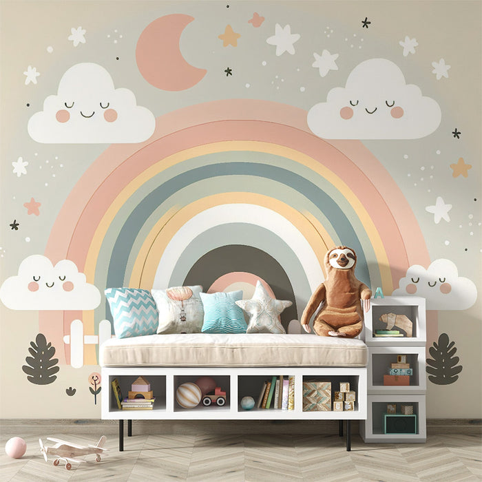 Neutral Rainbow & Garden Wallpaper Mural | Soft Nursery & Kids Room Decor | Whimsical Cloud and Fence Design