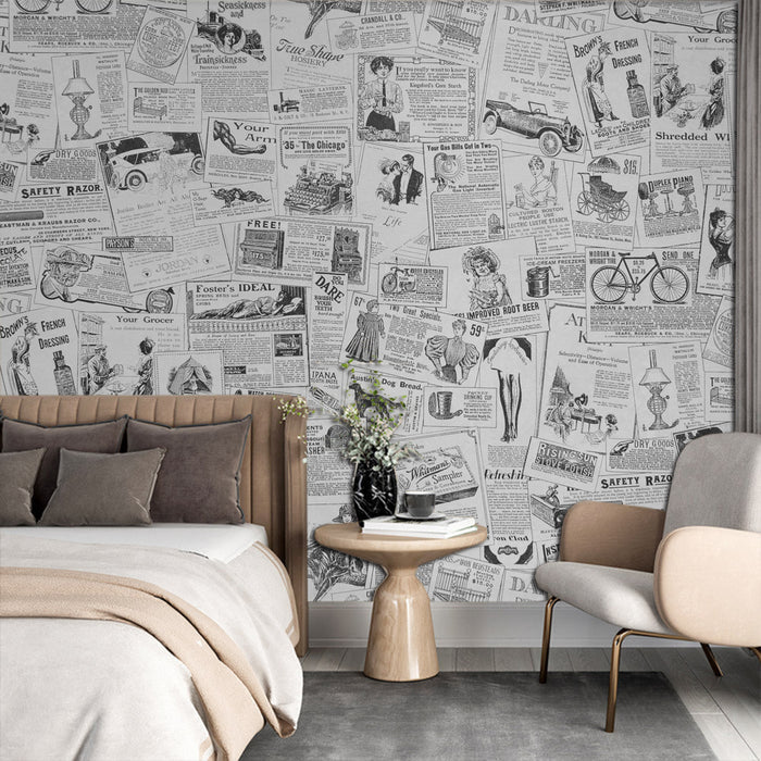 Retro Newspaper Wallpaper Mural | Small and Nostalgic Decorative Wall in Living Room and Bedroom
