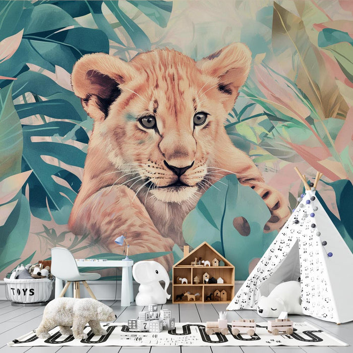 Cute Lion Green Plant Wallpaper Mural | Children's Room Bedroom Healing Decorative Wall