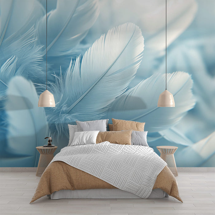 Serene Blue Feather Wall Mural - Healing Décor for Bedroom & Study | Elegant Soft Focus Design