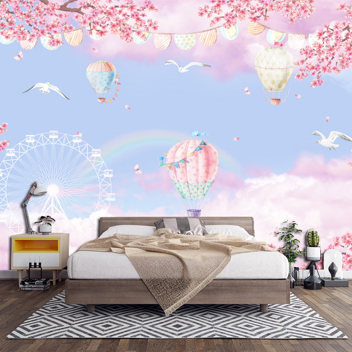 Cherry Blossom Hot Air Balloon Wallpaper | Sweet Decoration Painting in Children's Room Bedroom