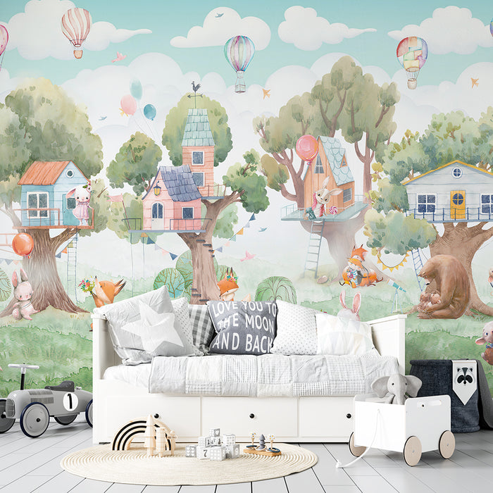 Forest Tree House Cute Pet Wallpaper | Children's Room Bedroom Decoration Painting