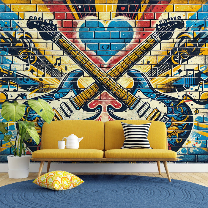 Rock Guitar Graffiti Wallpaper Mural | Studio Living Room Trendy Decorative Wall