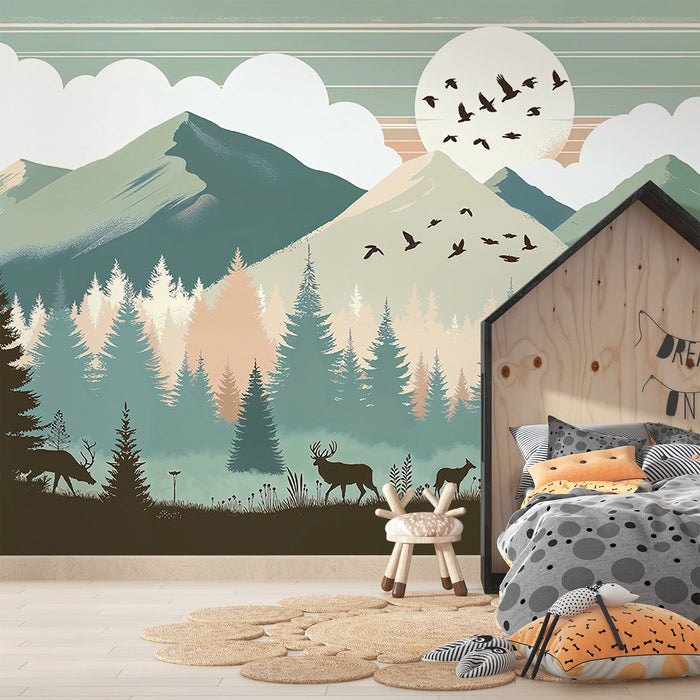 Nordic Forest Mural Wallpaper | Elk, Pine Trees & Moon Landscape | Vintage Nature-Themed Design | HD Quality