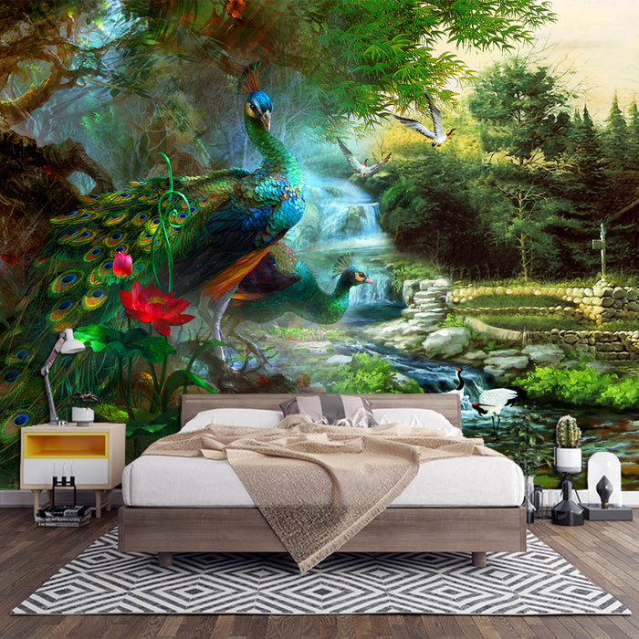 Peacock Wallpaper Mural | Living Room and Study Art Decoration Wall