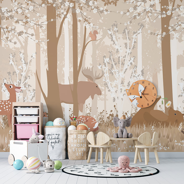 Forest Cute Pet Wallpaper Mural | Woodland Nursery Decor | Children's Bedroom Nature Theme