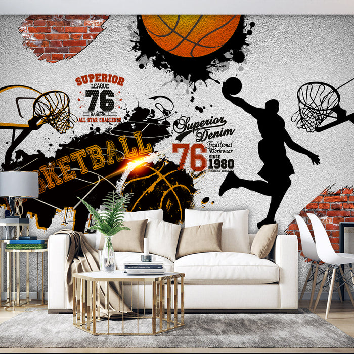Basketball Wallpaper Mural - Sporty Industrial Decor for Living Room & Bedroom | Black Orange Theme